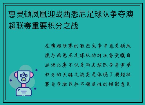 惠灵顿凤凰迎战西悉尼足球队争夺澳超联赛重要积分之战